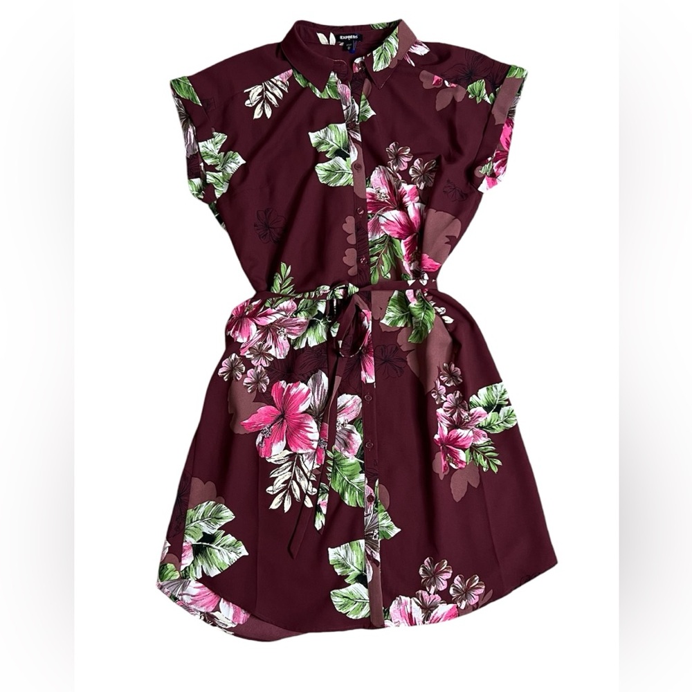 Express button down short sleeve floral dress with tie waist